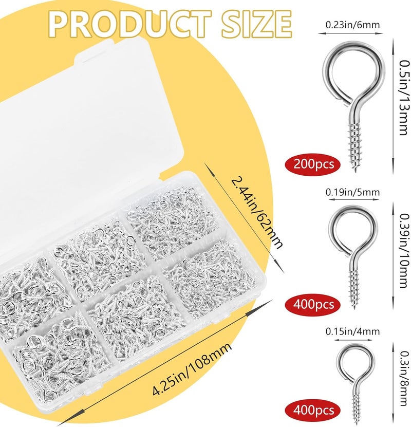 Augsun 1000PCS Small Screw Eye Pins, 3 Sizes Mini Eye Hooks Screw Eyelet Pins Hooks Eye Pins for Jewelry Making DIY Crafts, Art Projects - Image 2